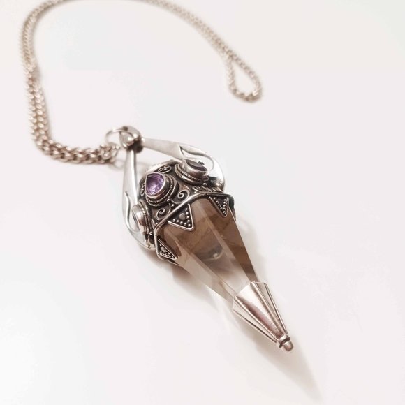 Large Lemurian Quartz Crystal Teardrop Amethyst Pendulum Necklace - Picture 5 of 9